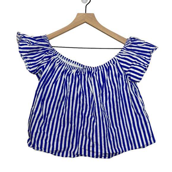 Zara Women's Blue White Striped Off the Shoulder Top Size Small Coastal Minimal - Picture 2 of 10
